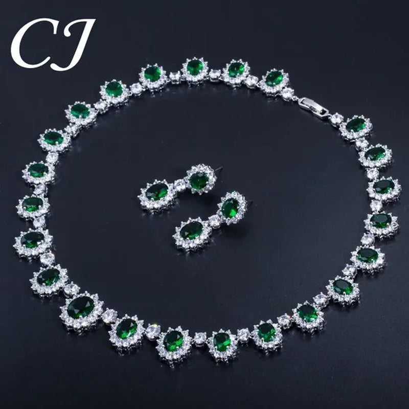CANDICE European Style White Gold Plated Noble Green Lady Luxury Wedding Necklace Earrings Bridal Jewelry Set With AAA CZ Stone