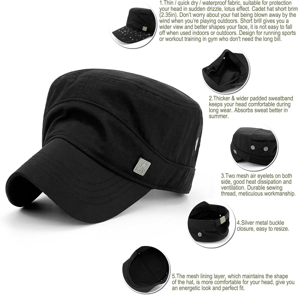 Polyester Water Resistant Military Caps for Men Quick Dry Cadet Hats for Women Army Cap Flat Top Dad Hat
