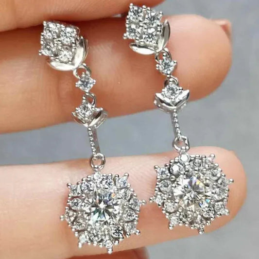 Elegant Lab Diamond Crystal Snowflake Flower Drop Earrings Women Christmas Gifts SSilver Plated Earrings Party Fine Jewelry