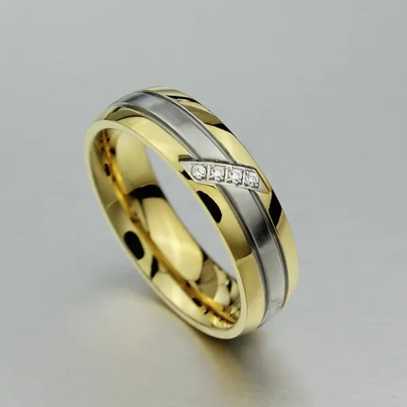 18k Gold Plated Silver Stripe CZ Wedding Band Engagement Promise Ring Men/Women's Stainless Steel Jewelry