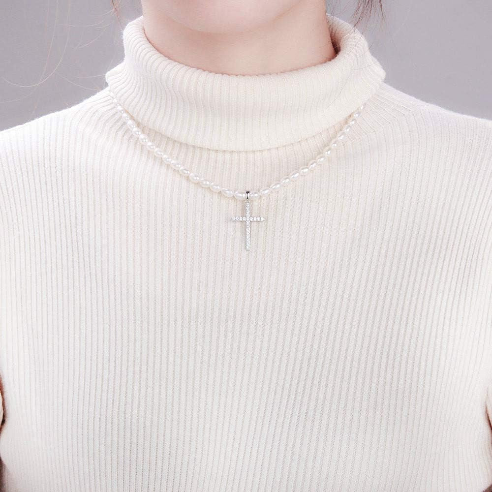 925 Sterling Silver Cross Pendant Freshwater Pearl Necklace for Women'S Pearl Strand Necklaces