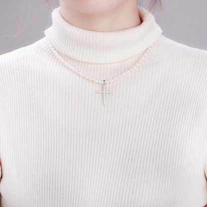 925 Sterling Silver Cross Pendant Freshwater Pearl Necklace for Women'S Pearl Strand Necklaces