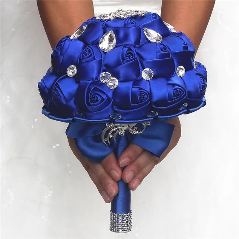 Private Custom Wedding Flower Bride Bouquet 18CM Silk Rose Wedding Bouquet Crystal Brooch Ribbon Bow Bride Bridesmaid Holding Flowers