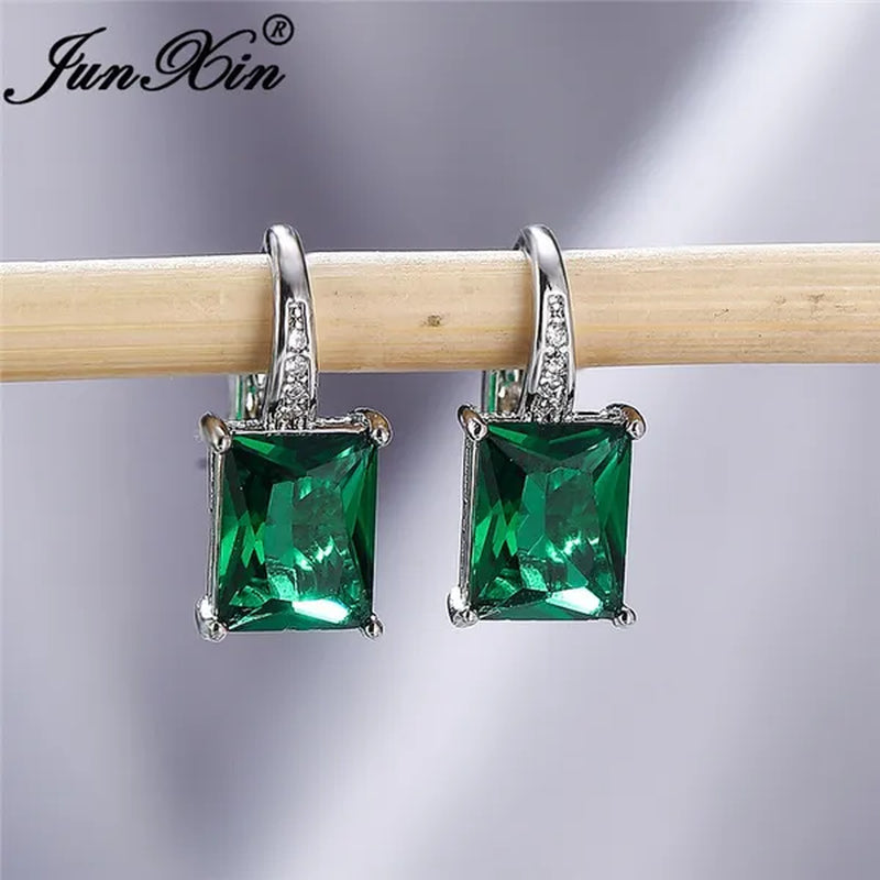 1Pair 925 Sterling Silver 14K White Gold Hoop Earrings New Fashion Rectangle Cut Green Emerald Diamond Earrings Drop Dangle Earrings Princess Gift