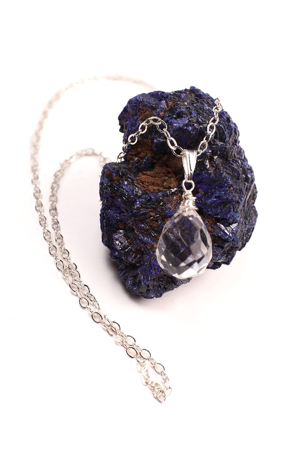 Clear Rock Crystal Quartz 12X17Mm Faceted Briolette Drop Wire Wrapped Gemstone Pendant Necklace in 925 Sterling Silver Chain and Clasp (24")