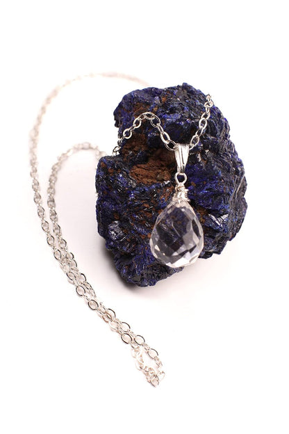 Clear Rock Crystal Quartz 12X17Mm Faceted Briolette Drop Wire Wrapped Gemstone Pendant Necklace in 925 Sterling Silver Chain and Clasp (24")