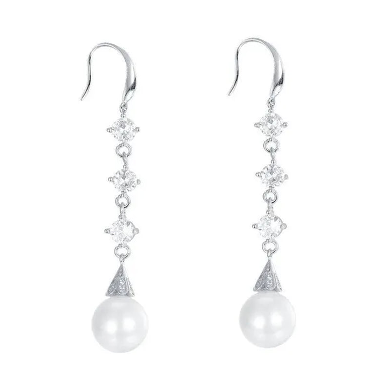 High Quality Temperament White Pearl Eardrop Earrings 925 Sterling Silver Long Earhook White Zircon Ear Jewelry