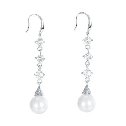 High Quality Temperament White Pearl Eardrop Earrings 925 Sterling Silver Long Earhook White Zircon Ear Jewelry
