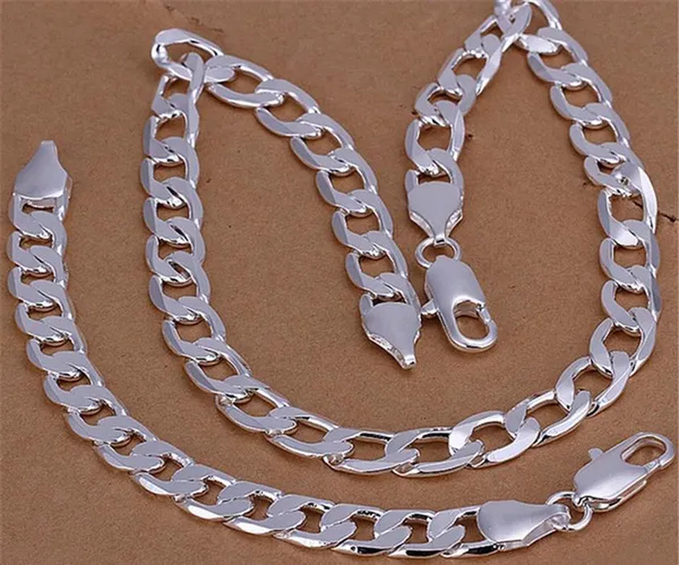 925 Sterling Silver Jewelry Set Flat Sideways Necklace Bracelet Chain for Men and Women-Fashion Wedding Engagement Jewelry-Genuine Sterling Silver