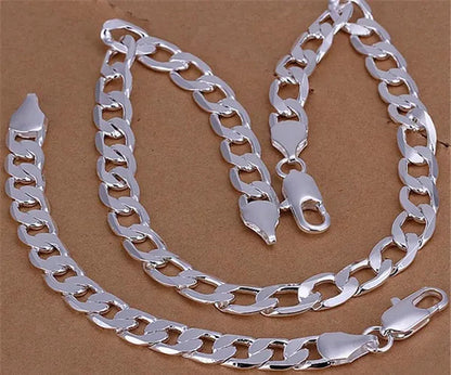 925 Sterling Silver Jewelry Set Flat Sideways Necklace Bracelet Chain for Men and Women-Fashion Wedding Engagement Jewelry-Genuine Sterling Silver