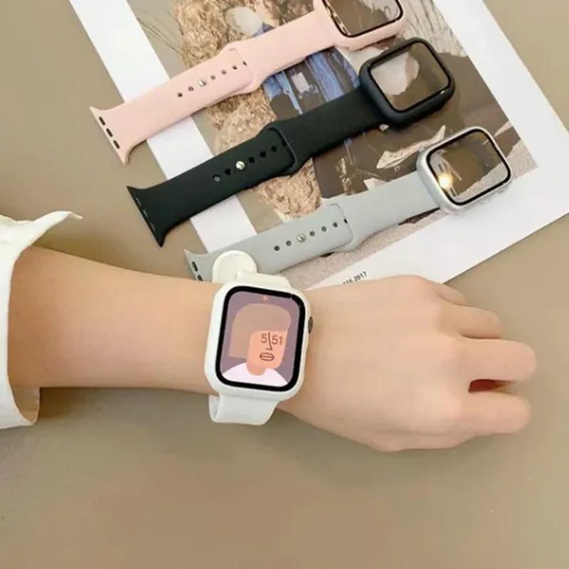 LEIXIUER Tempered Glass with Case Sport Silicone Strap for Smart Watch series  8 7 6 SE 2 3 4 5 1 for Smart Watch45mm 41mm 44mm 40mm 38mm 42mm 44 mm Sport Soft screen protector band bracelet（ Case and strap are packaged separately !）