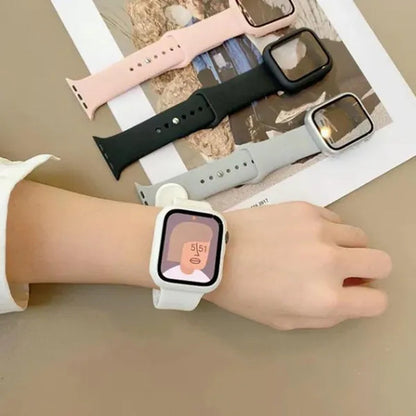 LEIXIUER Tempered Glass with Case Sport Silicone Strap for Smart Watch series  8 7 6 SE 2 3 4 5 1 for Smart Watch45mm 41mm 44mm 40mm 38mm 42mm 44 mm Sport Soft screen protector band bracelet（ Case and strap are packaged separately !）