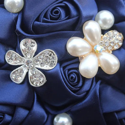 18CM Dark Blue Wedding Bouquet Pearl Diamond Brooch Bride Holding Flowers Artificial Silk Rose Bridesmaid Flower Bouquet Fake Flower