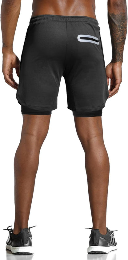 Men'S 2 in 1 Workout Running Shorts Lightweight Training Yoga Gym 7" Short with Zipper Pockets