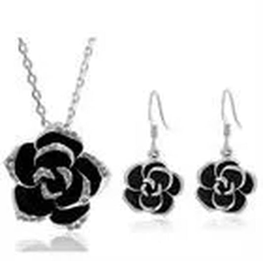 18k White Gold Plated Rhinestone Jewelry Sets Black Rose Flower Necklace Earring