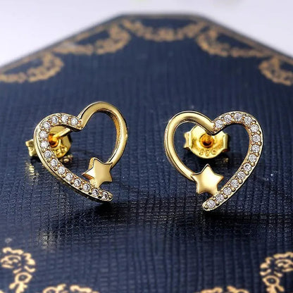 14K  Gold Love Heart Star White Zircon Stud Earrings for Women Wedding Engagement Bride Jewelry Gift