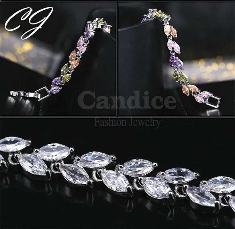 CANDICE 100% Real Silver Female Jewelry Simple Leaf Shape Multicolor Cubic Zirconia Strand Bracelet For Lady