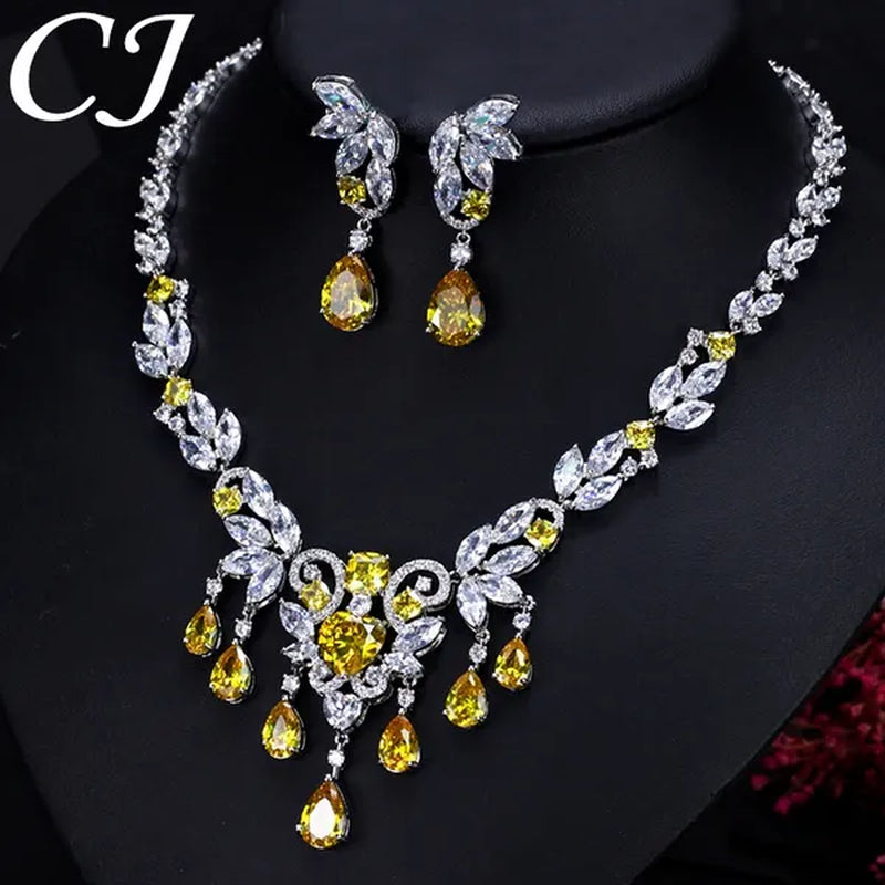 CANDICE Luxury CZ Stone Bridal Jewelry Pave High Quality Yellow Crystal Water Drop Earrings Necklace Wedding Party Set For Brides