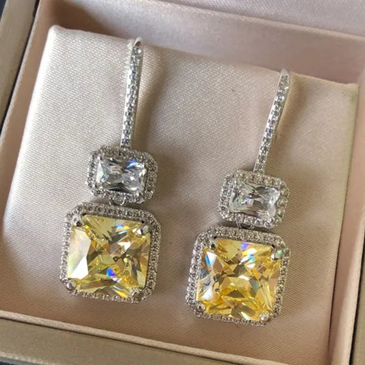Fashion Women Square Citrine Vice Stone Diamond Earring Silver Plated White Sapphire Drop Earring Girl Wedding Anniversary Gift