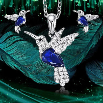 Hummingbird  Silver Jewelry Set Women Pendant Necklace and Stud Earring Set CrystalsFine Animal Jewelry, Gift for Mothers Day