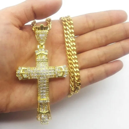 Diamond Miami Cuban Link 24K Gold / 925 Silver Plated Cross Pendant Stainless Steel Hip Hop Necklace