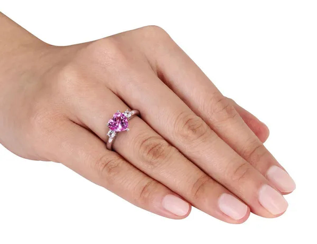 Lab-Created Pink Sapphire and Created White Sapphire Heart Ring 2.50 Carat (ctw) in Sterling Silver