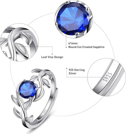 Adjustable Women Leaf|Wheat Grain|Filigree Ring 925 Sterling Silver Created Ruby|Sapphire|Cubic Zirconia Engagement Ring for Women Promise Wedding Ring Anniversary Valentines Open Size 5-9