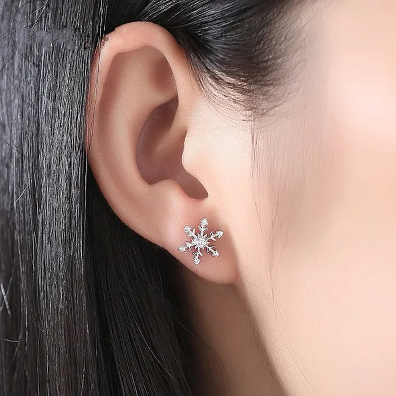 Fashion Women 925 Sterling Silver Crystal Snowflake Stud Earrings Charm Jewelry Christmas Accessories