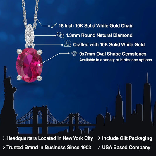 10K White Gold Oval 9X7MM Gemstone Birthstone and Diamond Pendant Necklace for Women with 18 Inch Gold Chain