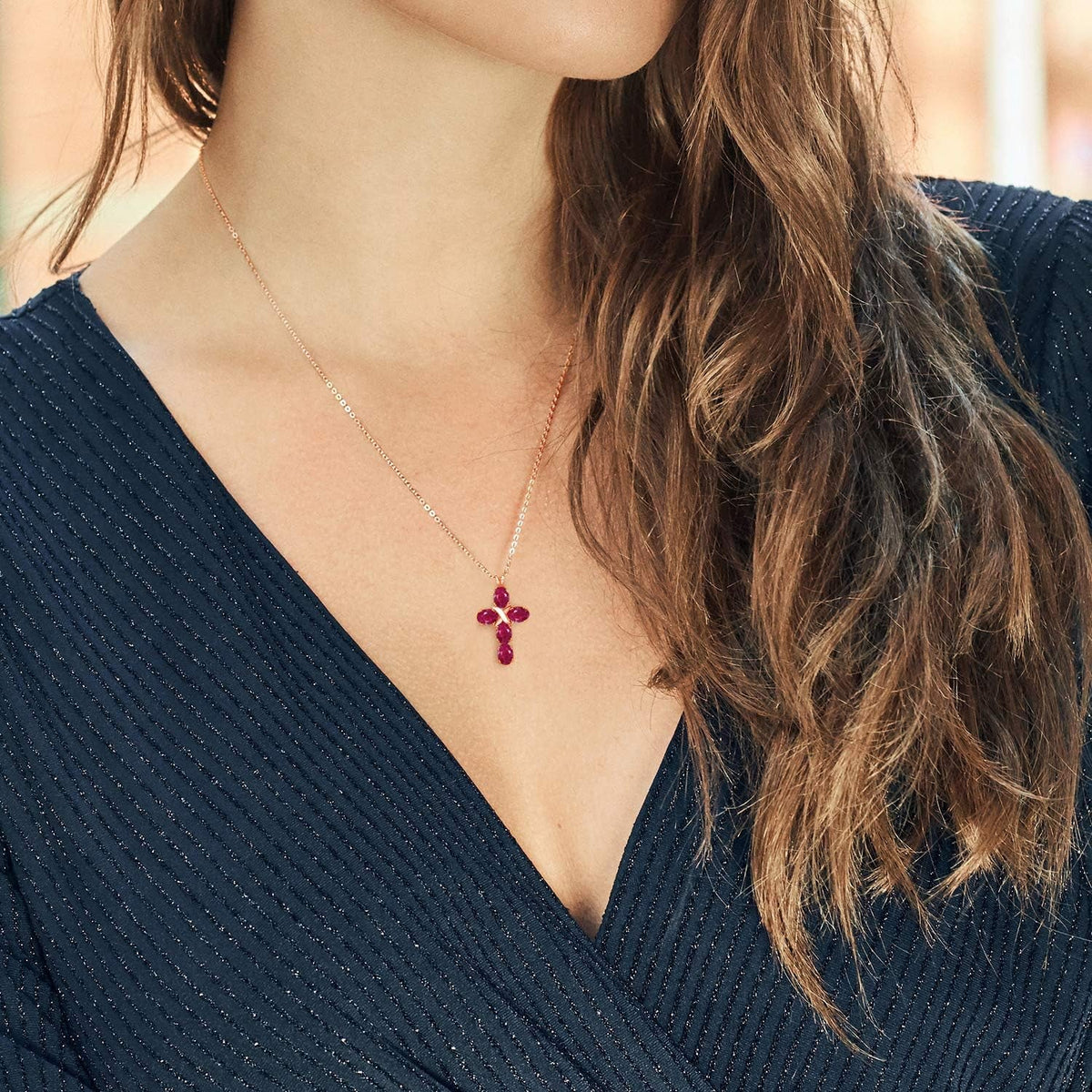 18K Rose Gold Plated Silver Red Ruby Cross Pendant Necklace for Women (3.00 Cttw, Gemstone July Birthstone, Oval 6X4MM, with 18 Inch Silver Chain)