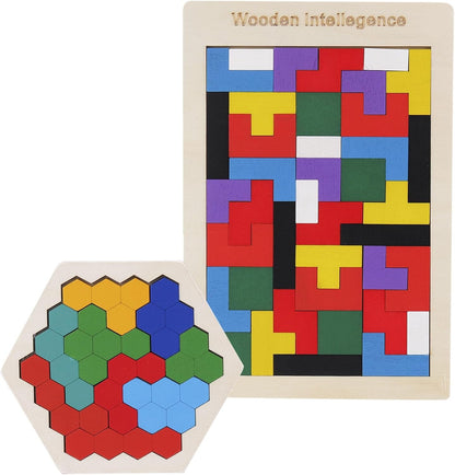 2 Pack Wooden Russian Blocks Puzzle&Hexagon Puzzles for Kids &Adults Wooden Blocks Puzzle Brain Teasers Intelligence Logic Toy Tangrams STEM Montessori Shapes Puzzles Gift for Children