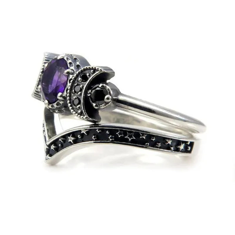 Hecate Triple Moon Ring Set Silver and Black Diamond Engagement Rings  Amethyst or Red Crystal Wedding Ring Unique Moon Goddess Rings for Women Fashion Jewelry Boho & Hippie & Gothic Anniversary Gift
