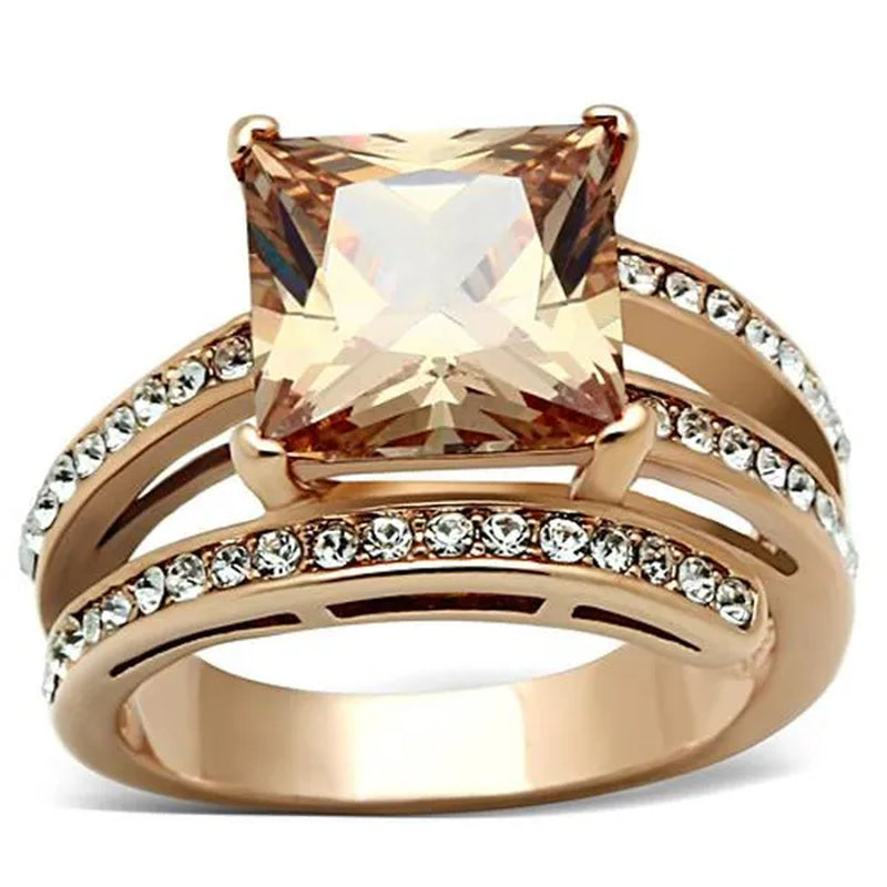 Women's Stainless Steel 316 Rose Gold Princess Cut Champagne or Gray & Amethyst Zirconia Cocktail Ring Size 5-10