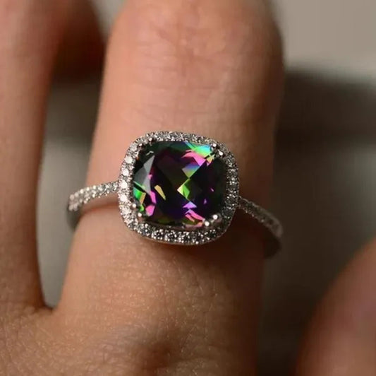 LUXURY 925 Sterling Silver Diamond Cut Square Mystic Fire Rainbow Topaz Cocktail Sapphire Ring FASHION NEW