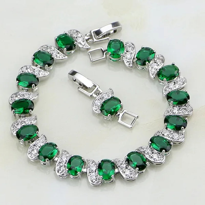 Natural Green Emerald WhiteTopaz 925 Sterling Silver Jewelry Charm Bracelet Christmas Gifts For Women