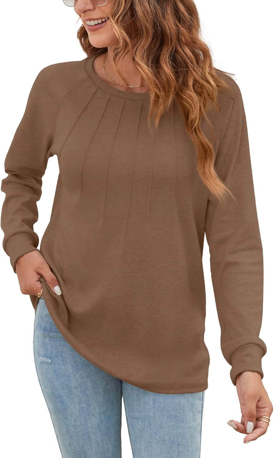 Women Long Sleeve Shirts Casual Tops Dressy Blouses Fashion Pleated Tunic