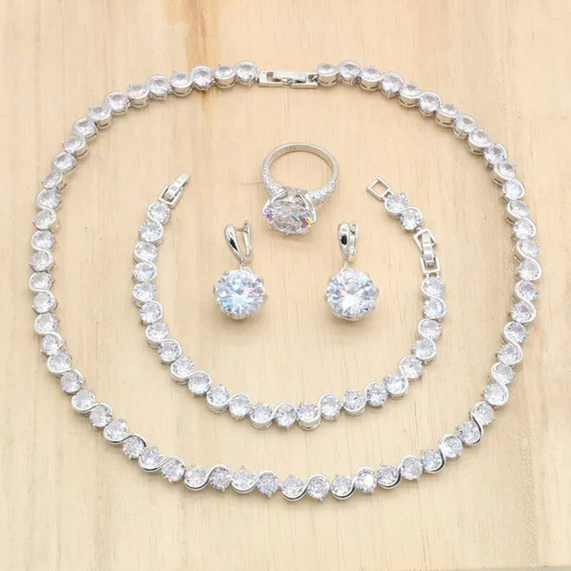Royal Blue Stones Silver Color Jewelry Sets for Women Necklace Earrings Bracelet Ring Bridal Birthday Gift