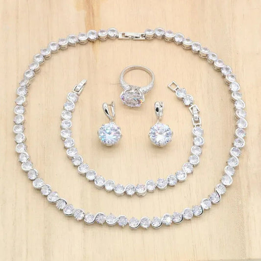 Royal Blue Stones Silver Color Jewelry Sets for Women Necklace Earrings Bracelet Ring Bridal Birthday Gift