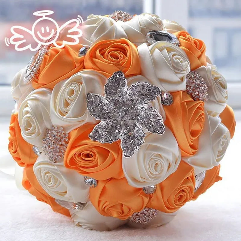 21CM Satin Ribbon Roses Wedding Bouquet Pearl Crystal Brooch Bride Holding Flowers Artificial Rose Wedding Flower Bridesmaid Bouquet. Multi-color Optional