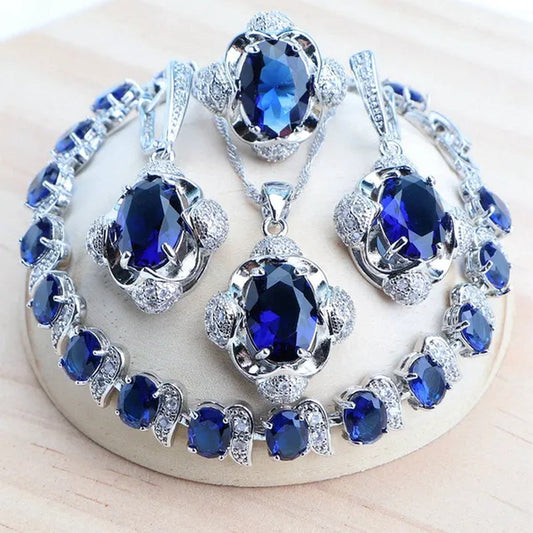 925 Silver Blue/Green/Purple/Rainbow Zirconia Bridal Jewelry Set For Women Bracelet Earrings Pendant Necklace Rings