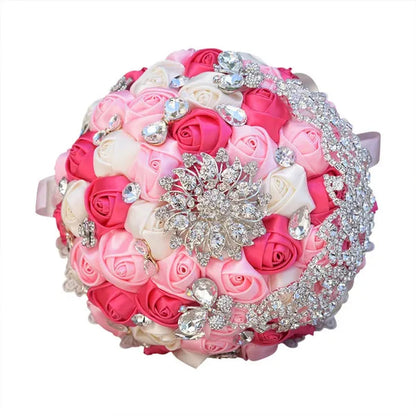 18CM Luxury Crystal Brooch Bride Bouquet Holding Flower Ribbon Lace Wedding Bouquet Artificial Simulation Rose Wedding Flower Bridesmaid Bouquet