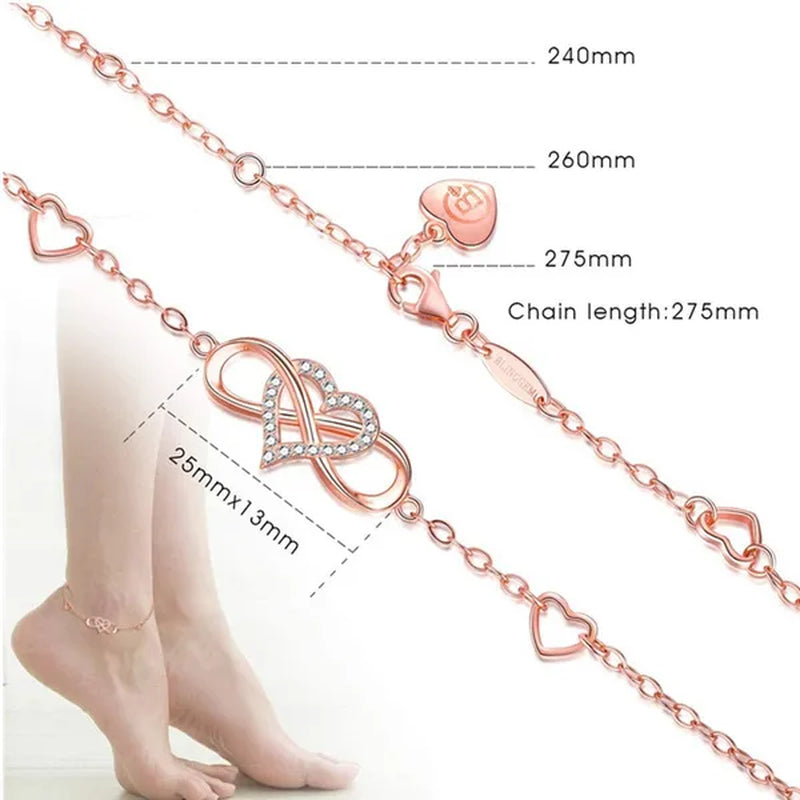 Exquisite Fashion Womens Ankle Bracelet 925 Sterling Silver Anklet Cubic Zirconia Infinity Heart Summer Beach Stylish Chain Adjustable Gift for Women