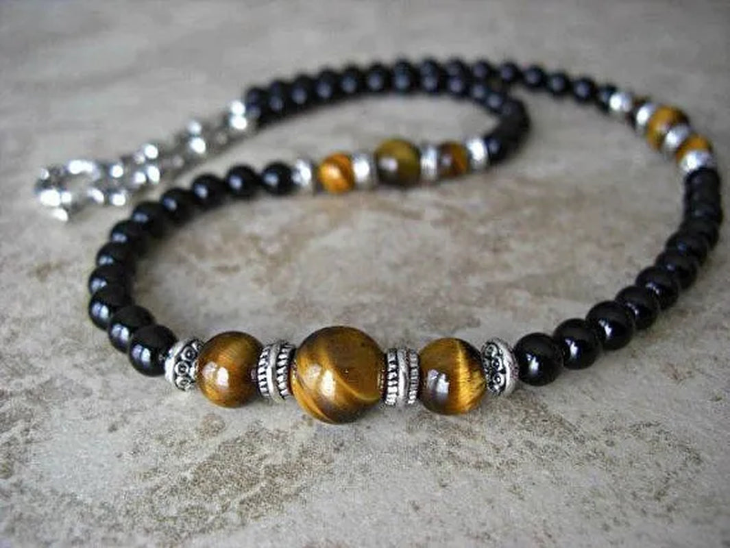 Black Onyx Tiger Eye Silver Accents Men's Necklace