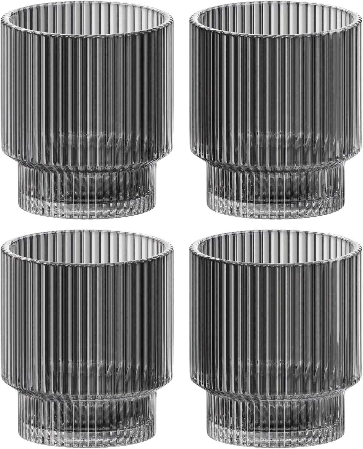 Vintage Art Deco Fluted Drinking Glasses, Set of 4 Modern Kitchen Glassware Set | Old Fashion Tumbler for Cocktails and Water | Ribbed Lowball Glass Cup for Whiskey (Smoke Grey)