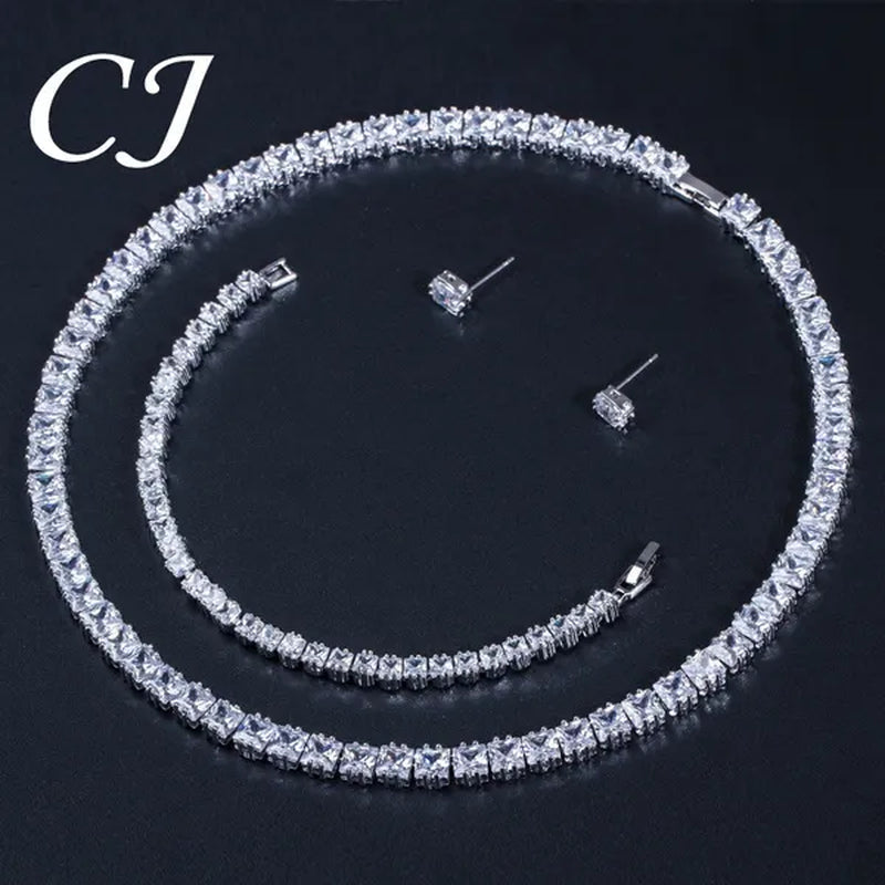 CANDICE Platinum Plating Elegant Party Jewelry Set Pave Glittering Princess Cut Pure Zirconia Choker Necklace Earrings and Bracelet for Women Wedding Gift