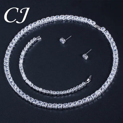 CANDICE Platinum Plating Elegant Party Jewelry Set Pave Glittering Princess Cut Pure Zirconia Choker Necklace Earrings and Bracelet for Women Wedding Gift