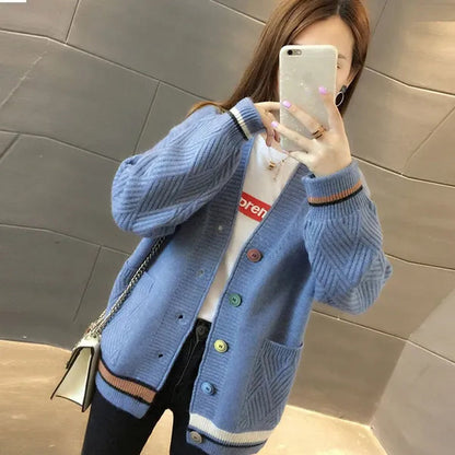 New Fashion Pull Femme Autumn and Winter Wool Pure Cashmere Sweater Cardigan Pullovers Long Sleeve Women Striped Stitching Color Knitted Cardigans Pullover Damen Jumper Outwear Coat
