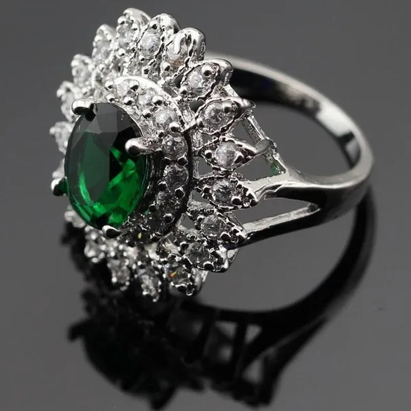 Flower Shaped 925 Silver Jewelry Sets Green Zircon Necklace Pendant Drop Earrings Ring for Women Dating Gift