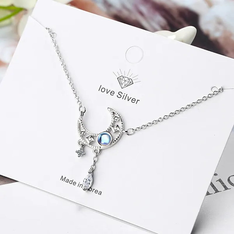 925 Sterling Silver Colorful Moonstone Clavicle Chain Necklace Silver Moon Zircon Tassel Necklace Jewelry For Women