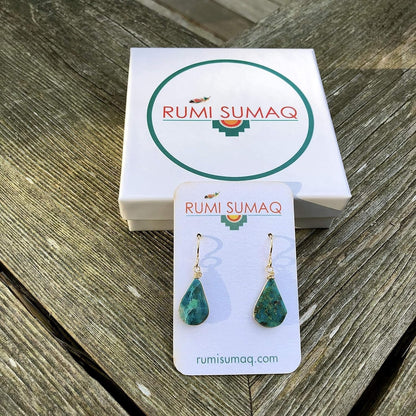 Chrysocolla Earrings Gold Filled Wire Wrap Dangle Blue Green Teardrop Stones - Handmade Healing Crystal Gemstone Jewelry Gift for Women by